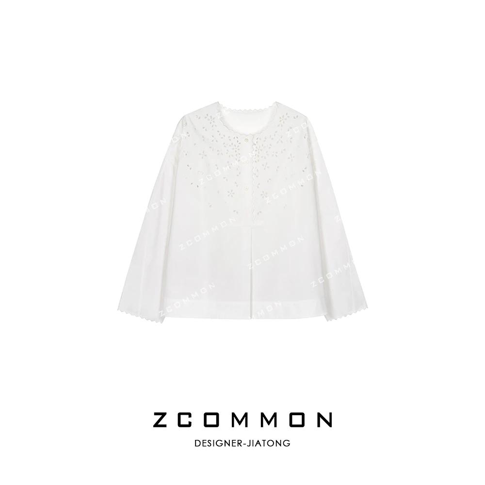 Z common镂空刺绣圆领衬衣甜美小衫白色长袖罩衫法式衬衫 2503040