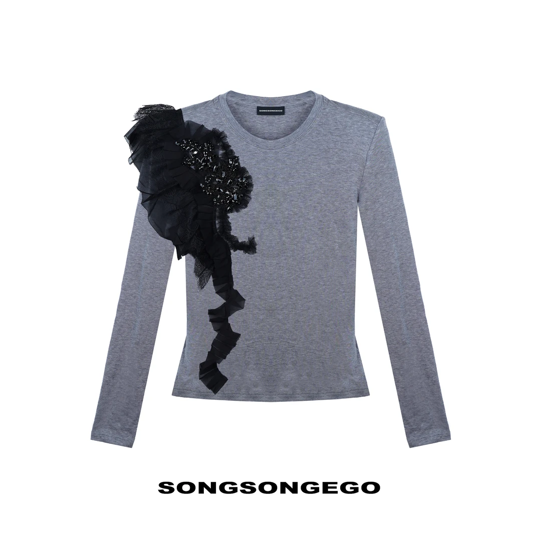 SONGSONGEGO独立原创小众设计师蕾丝荷叶边钉珠长袖衫上衣55605