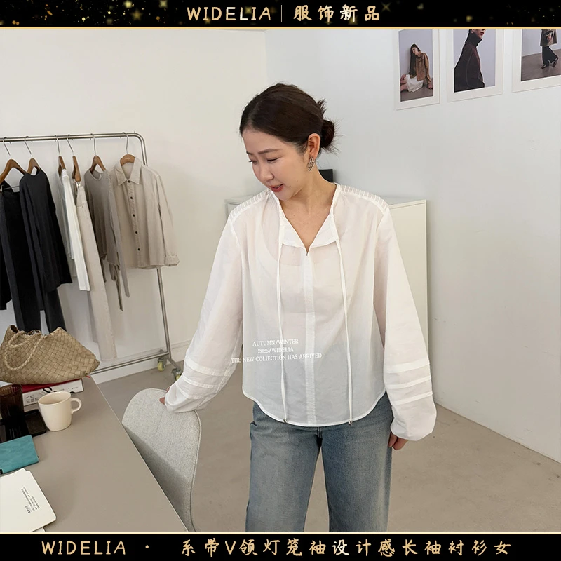 widelia陈魅儿2025春夏新款系带V领灯笼袖设计感长袖衬衫女717225