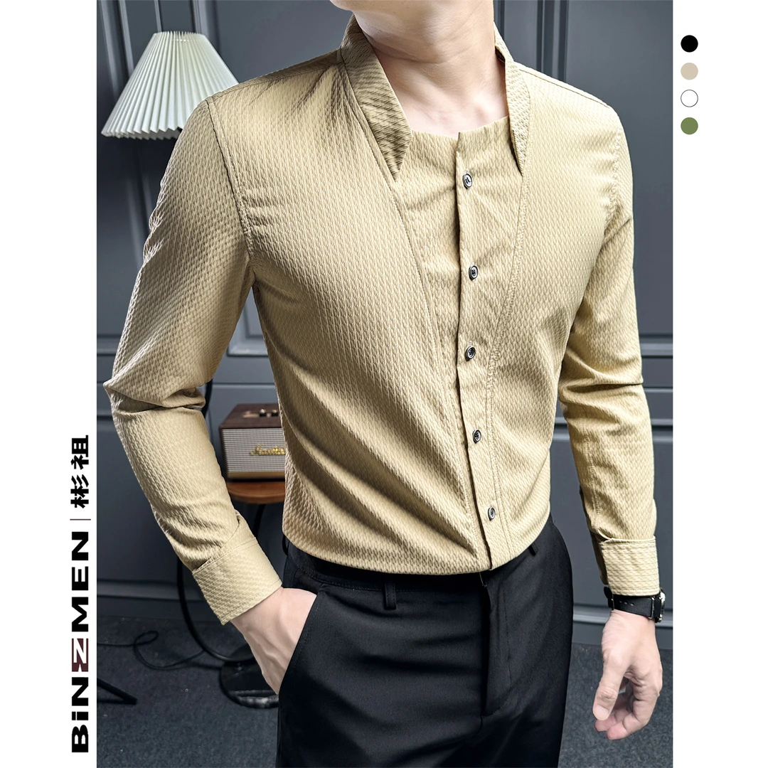 英伦风华夫格衬衫男长袖男款秋季雅痞绅士衬衣男款高级感男士上衣