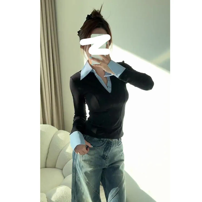 韩系高级感假两件polo领衬衫女2025早春季新款设计感小众长袖上衣