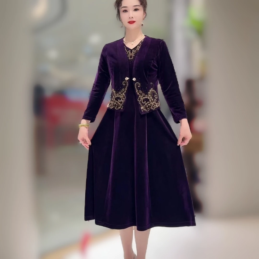 中老年春秋冬喜婆婆婚宴装金丝绒连衣裙妈妈结婚礼服