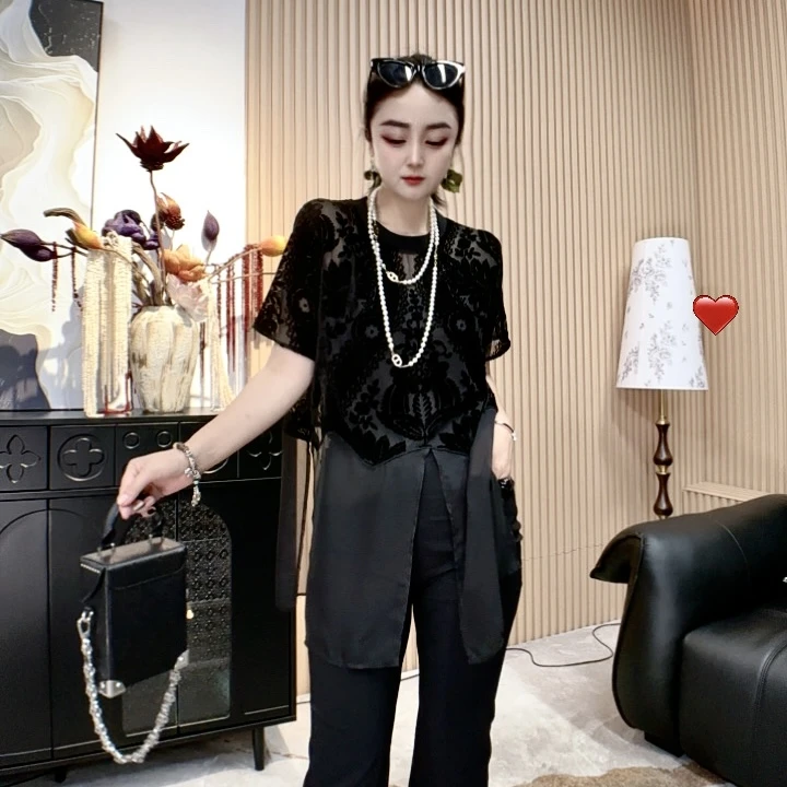 莹莹欧货【植绒拼接网纱短袖】女设计师时尚夏季透气轻薄上衣613896