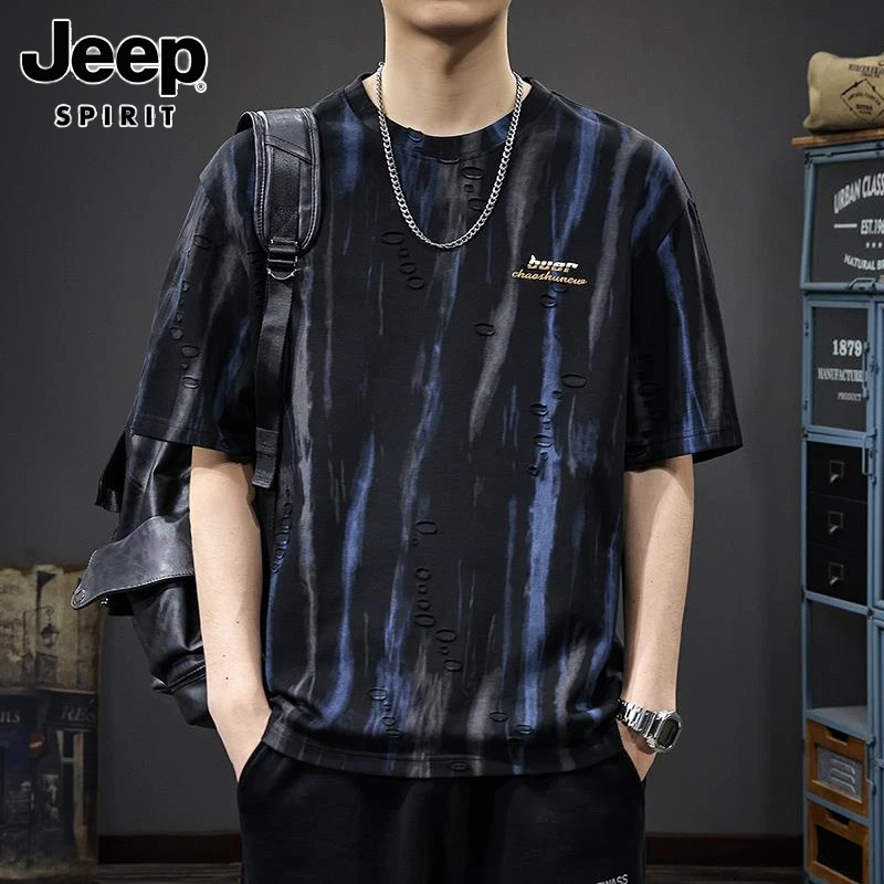Jeep吉普美式复古水墨印花短袖T恤男夏季凉感宽松速干半袖体恤潮