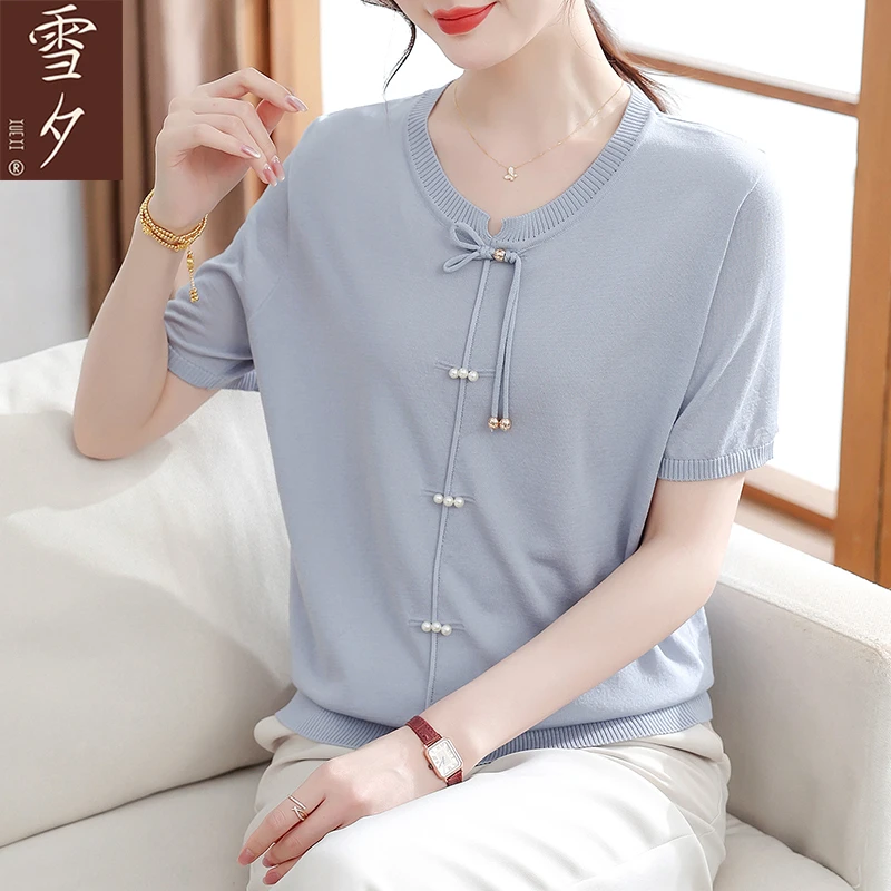 【雪夕】夏装气质短袖洋气新中式冰丝针织小衫P-X-FGS2528