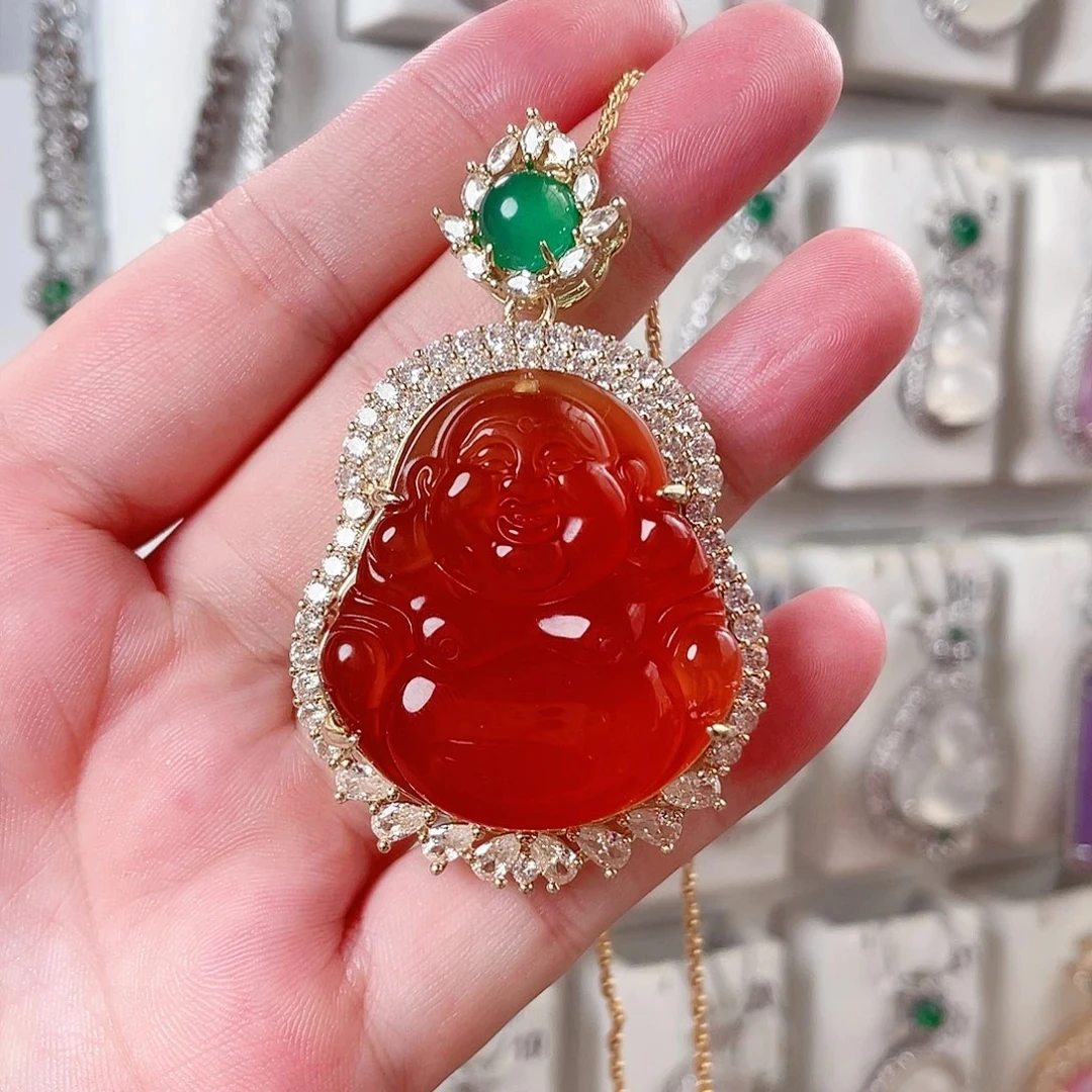 正品天然红色玉髓大佛公吊坠