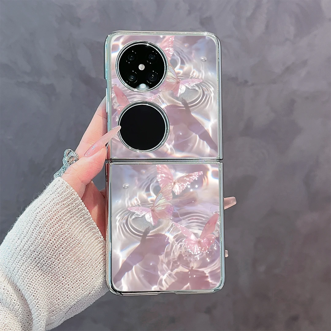 适用【华为POCKET2】水中粉蝴蝶电镀玻璃折叠手链手机保护壳