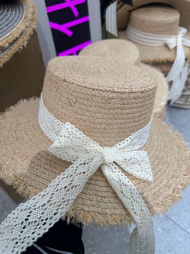 拉菲草平顶渔夫帽蕾丝蝴蝶结