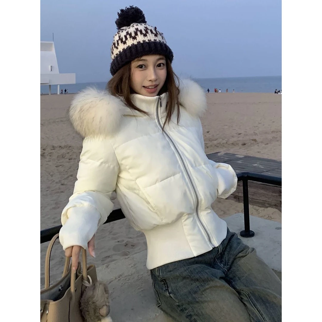 美式复古毛领连帽棉服外套女冬季新款修身百搭设计感加厚面包服潮