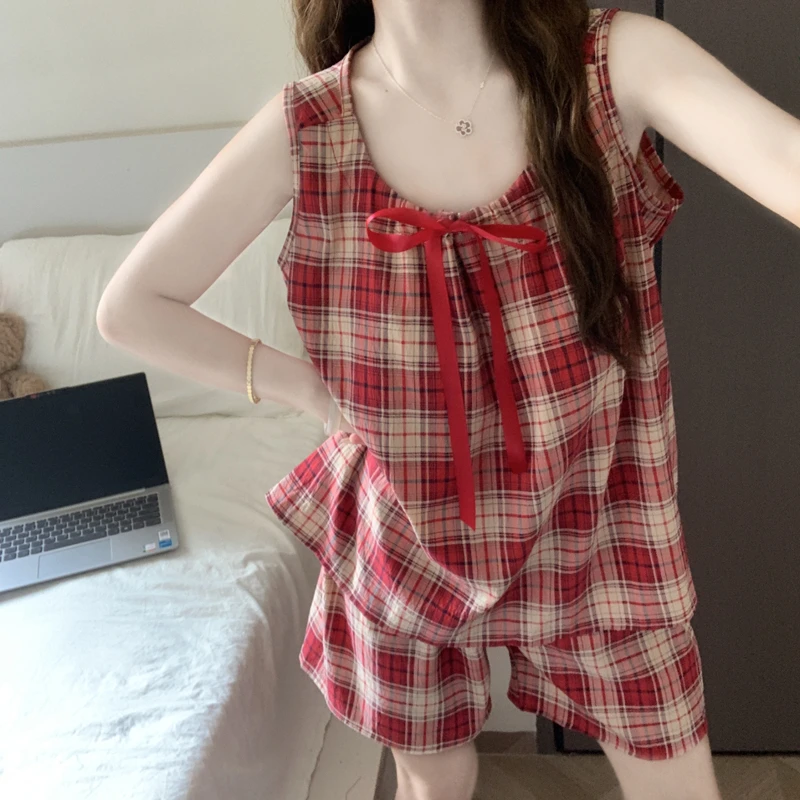 【带胸垫一体】背心短裤睡衣女夏季2025新款红格子亲肤棉家居服套装