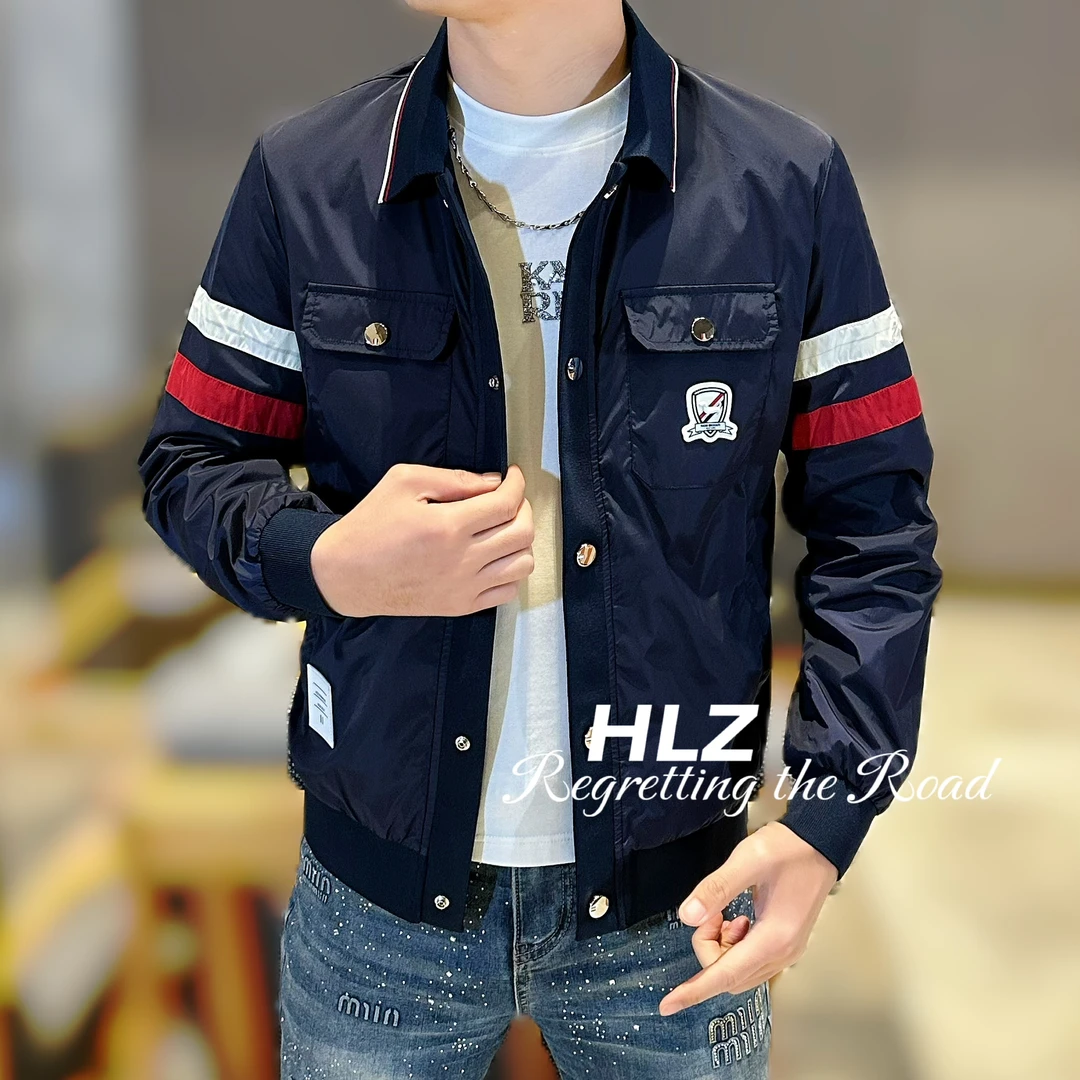 2025男士春季新款时尚撞色百搭印花帅气翻领休闲百搭夹克外套