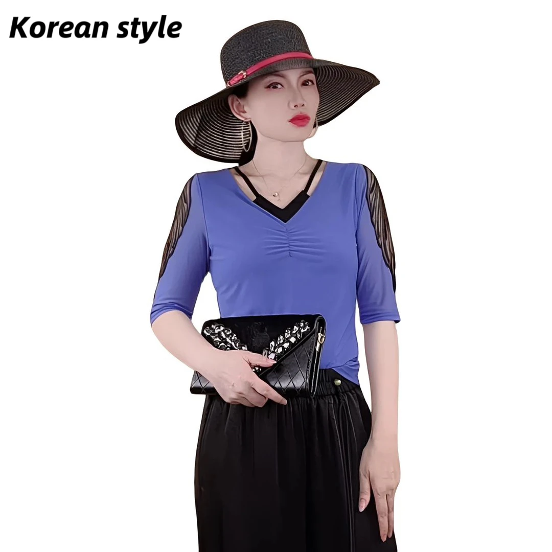 【Koreanstyle】2686夏季新款高级感精品冰丝网纱上衣 时尚显瘦小衫