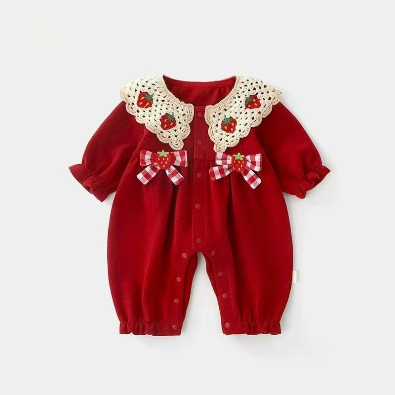 婴幼儿春秋长袖草莓领女宝宝百岁百天礼服爬服