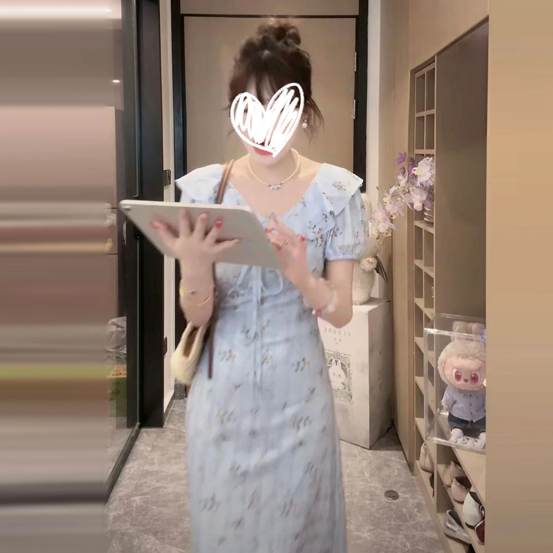 气质荷叶边蓝色碎花连衣裙女夏季2025新款高级感收腰显瘦长裙4760