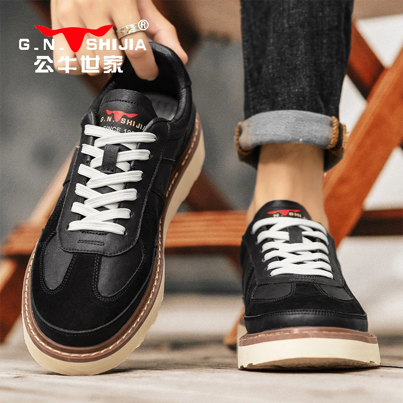 公牛世家休闲男鞋2025春季新款厚底增高板鞋户外防滑休闲运动鞋男