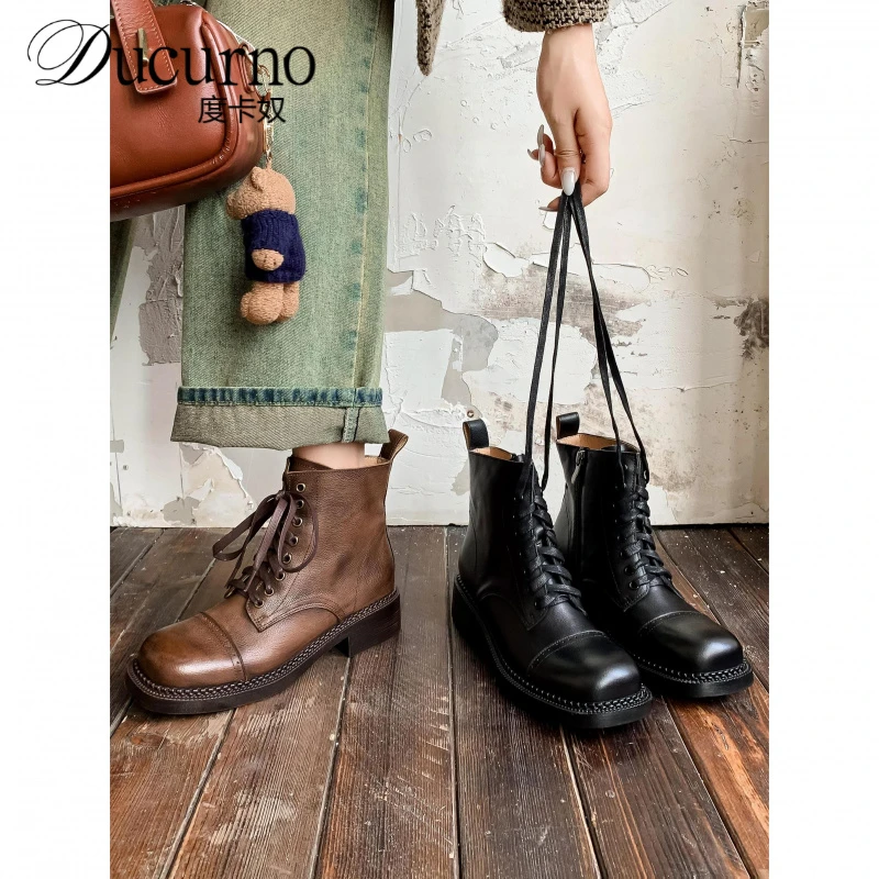 度卡奴覆古方头厚底粗跟马丁靴女2025新款英伦风机车短靴子