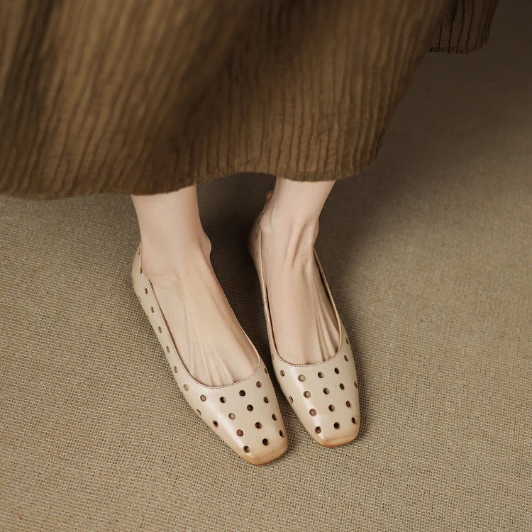 新品手工真皮牛皮方头镂空浅口平底女鞋女粉色百搭舒适洞洞鞋凉鞋