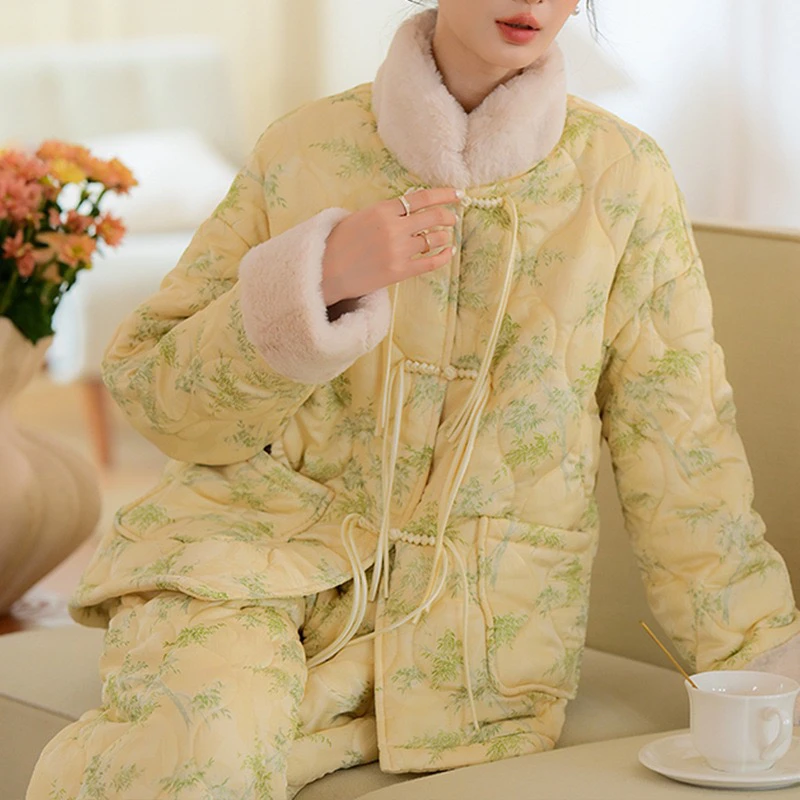 睡衣家居服套装女保暖加厚民族风长款女毛领冬装秋冬棉服