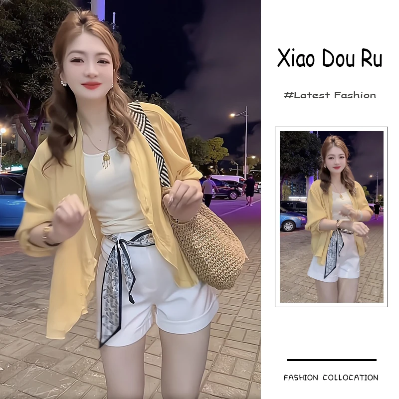 夏季流行一整套新款2025韩系时尚穿搭防晒开衫吊带高腰短裤三件套