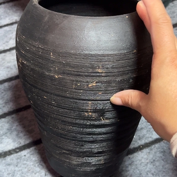 粗陶盆默认打孔黑色拉丝高24口12