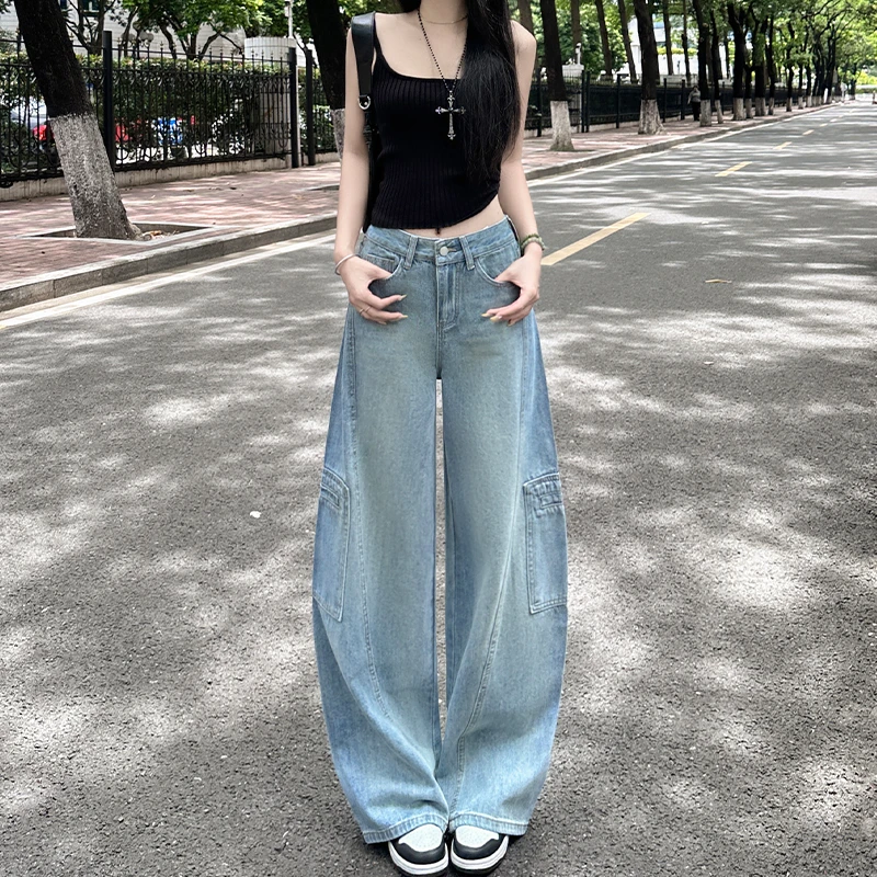 工装牛仔裤女2025秋季新款复古蓝高腰显瘦梨型身材弯刀阔腿裤子