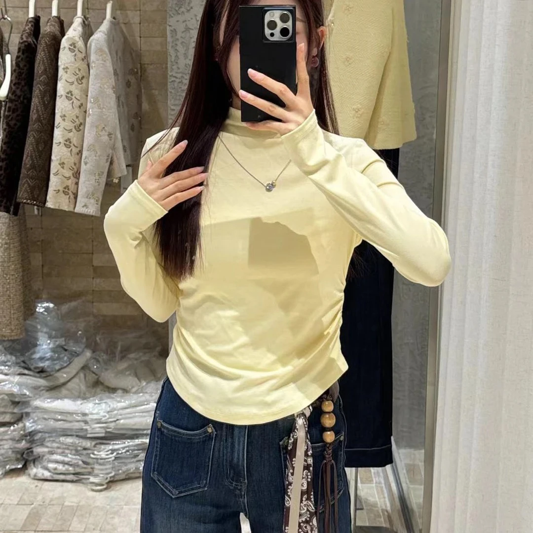 美美推荐888半高领打底衫秋弧形下摆长袖短款紧身上衣