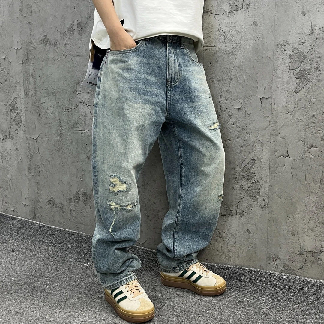 原创限定美式复古重磅水洗12OZ宽松破洞牛仔裤男女 2179
