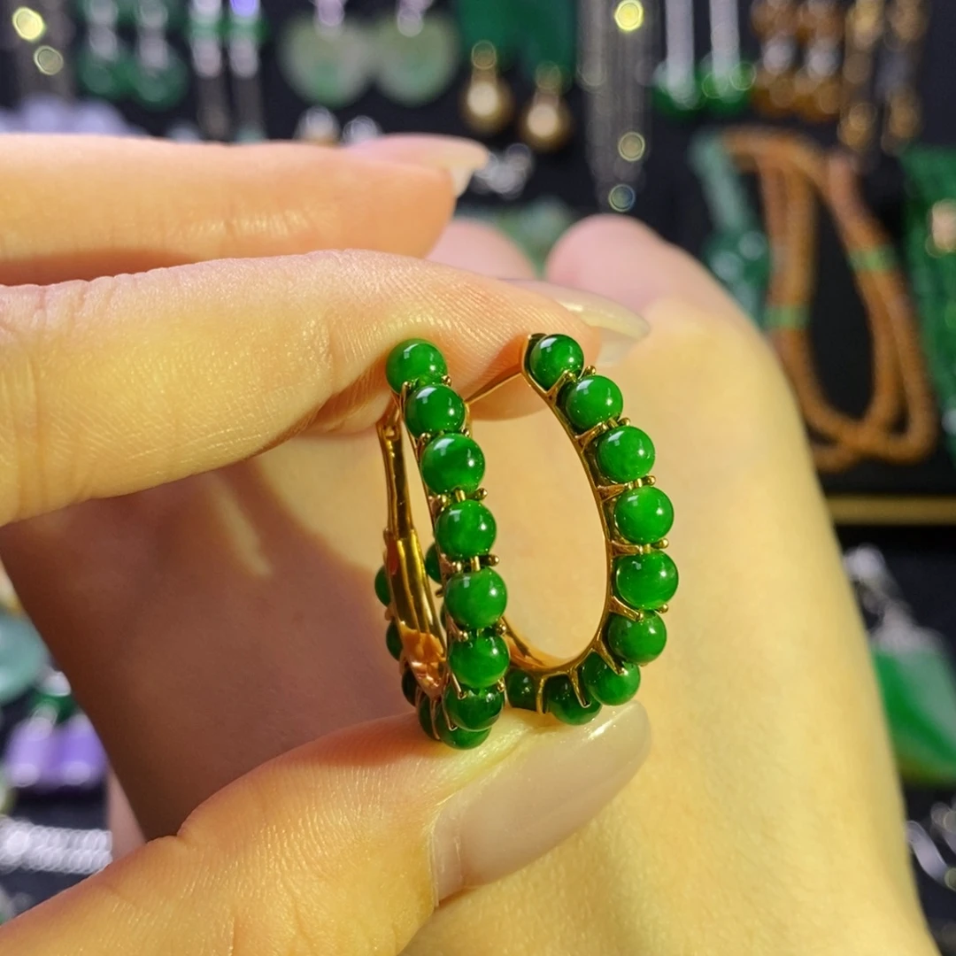 翡翠18K金镶嵌耳饰辣色珠珠耳饰