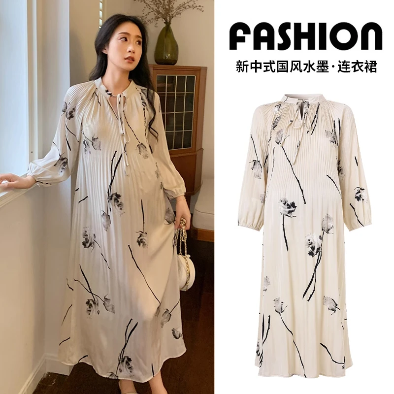孕妇连衣裙2025春季新中式国风水墨印花新款宽松大码春秋中长款裙