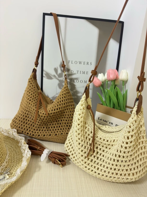 手工编织牛角包夏季慵懒休闲文艺复古棉线单肩斜挎手提镂空草编包
