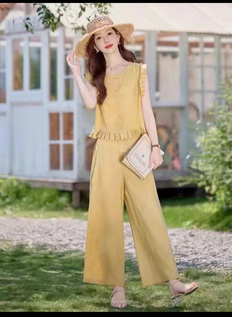 2025夏季新款木耳边无袖上衣阔腿裤两件套时尚洋气显瘦套装