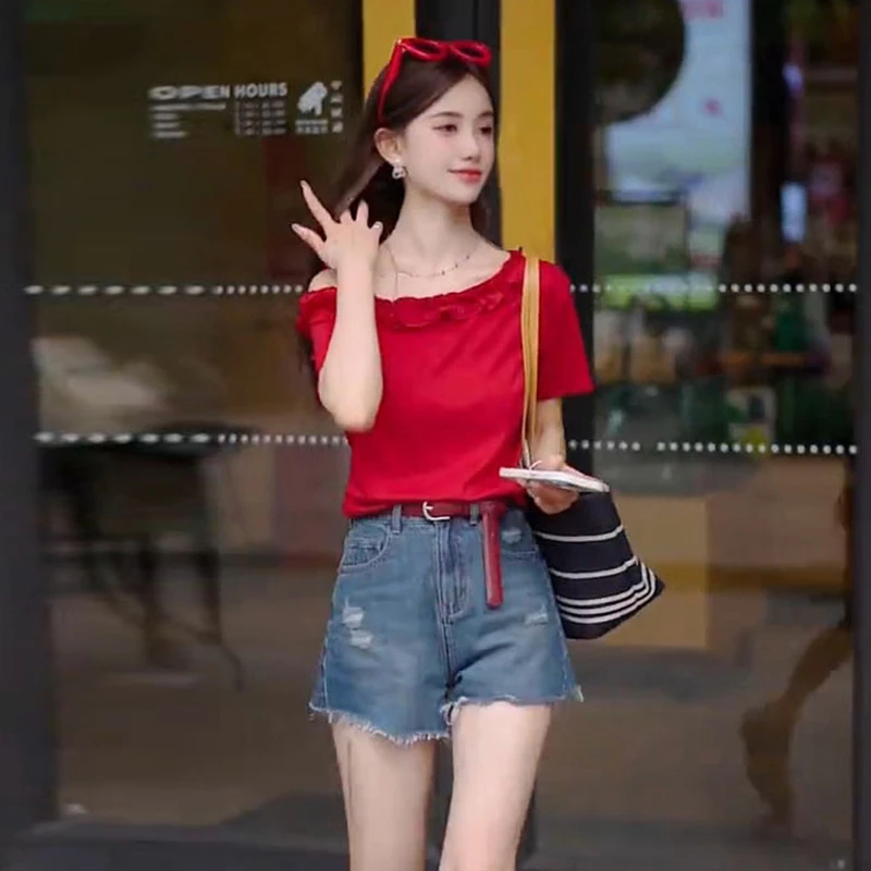 小心机露肩花边T恤女2025夏季新款韩系宽松休闲美式复古小众上衣