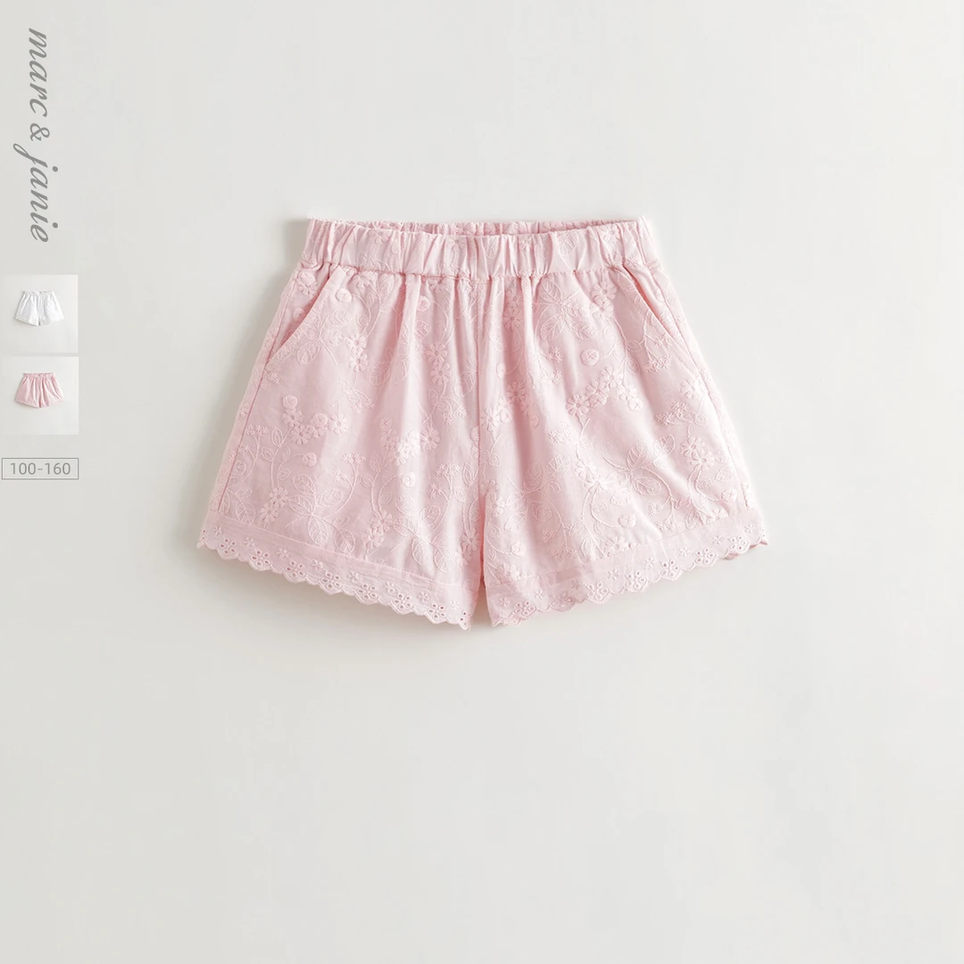 马克珍妮100%棉女童满底绣花纯棉花边短裤2025年夏装新款550951