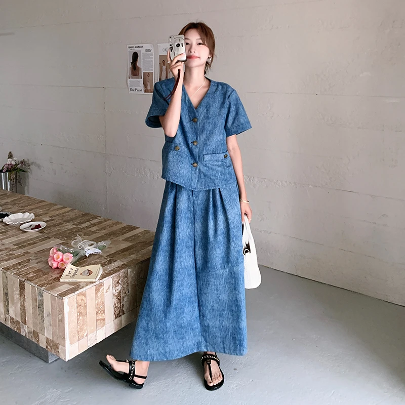 休闲时尚扎染牛仔套装裙女2025夏季新款显瘦V领上衣半身裙两件套