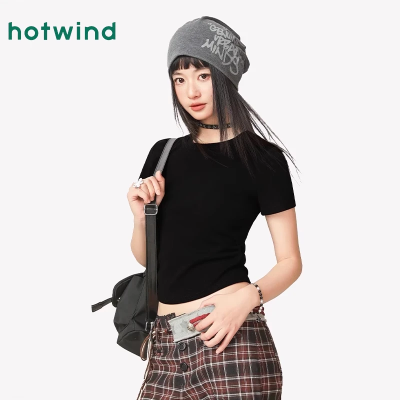 Hotwind/热风设计感短袖t恤女夏季2025新款假两件修身辣妹上衣女