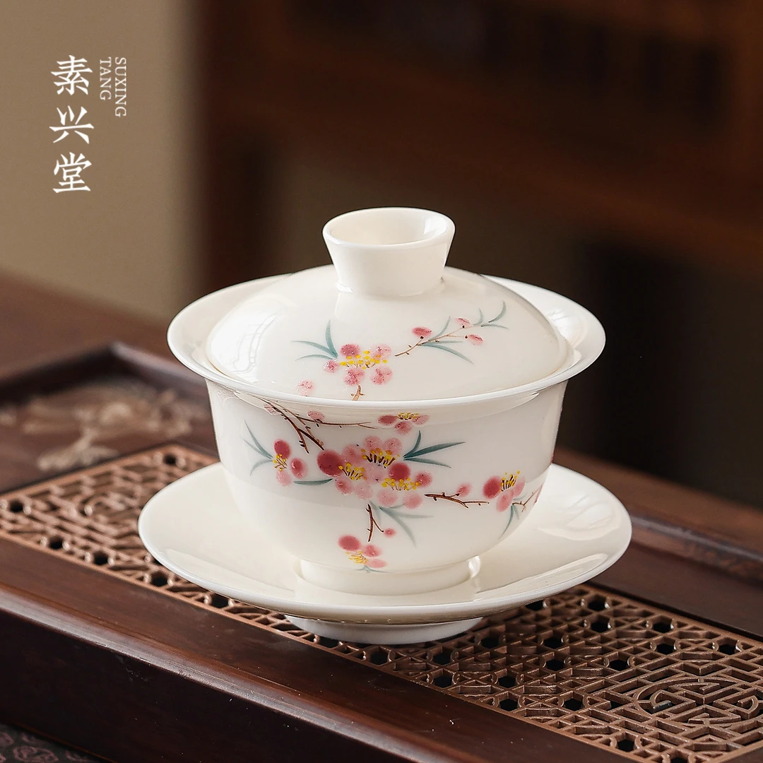 素兴堂羊脂玉瓷手绘青花盖碗茶杯高档陶瓷女士单个悬停三才泡茶碗