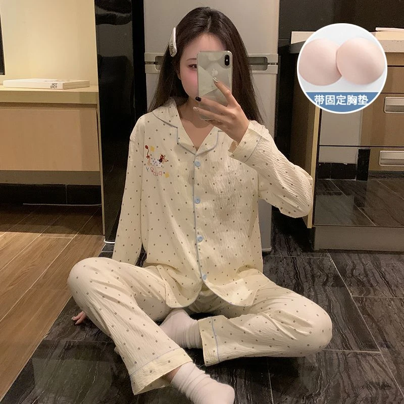 带胸垫睡衣女款2025新款卡通长袖套装少女可爱春秋季可外穿家居服