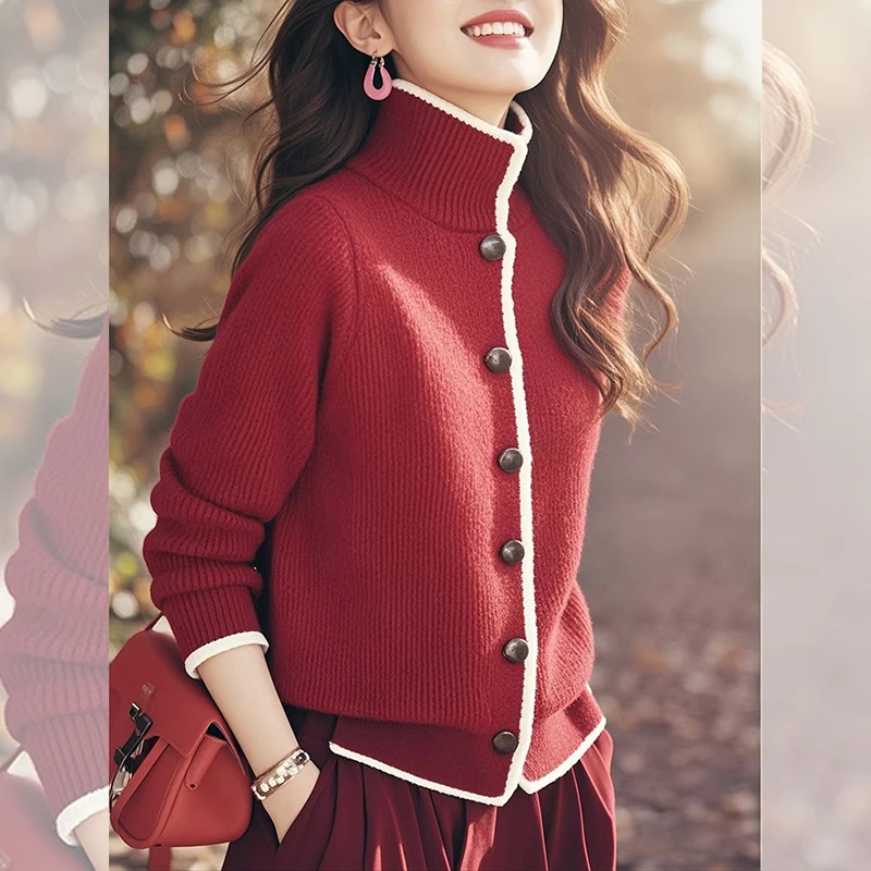 韩系慵懒风红色立领针织衫女2024年秋季新款洋气小众设计高领毛衣