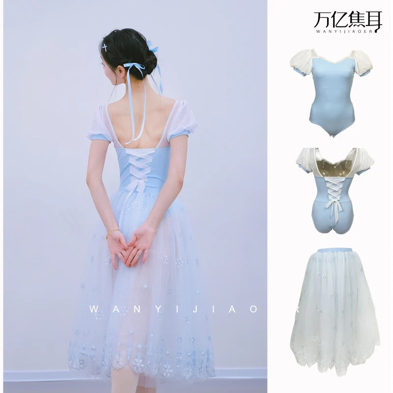 冰雪奇缘艾莎公主天蓝色长裙芭蕾中国舞启蒙教师成人舞蹈练功服