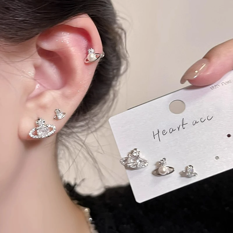 合金耳饰 西太后星球锆石珍珠耳钉女高级感气质耳环耳骨钉耳饰女