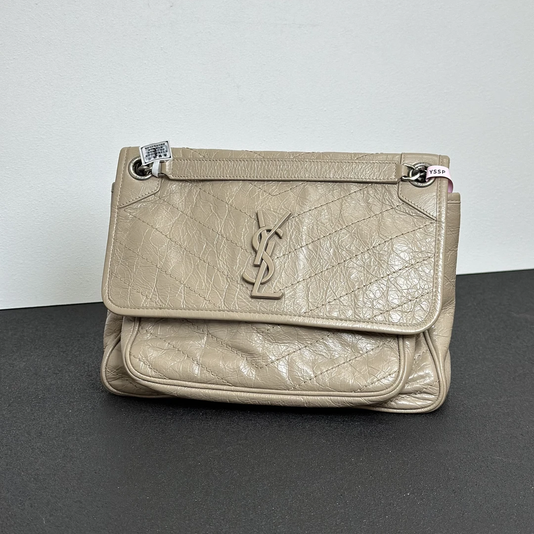 99新 YSL/圣罗兰 壹所奢品/YSL niki 中号 奶茶银 老款单肩斜挎包