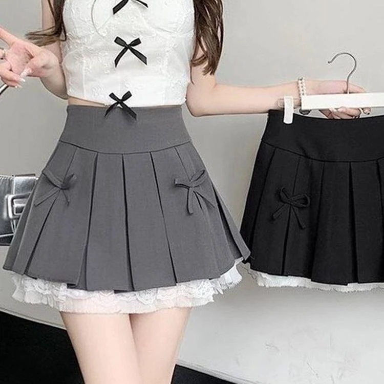 设计感百褶裙女夏灰色蕾丝花边拼接小众辣妹a字短裙2025新款半身