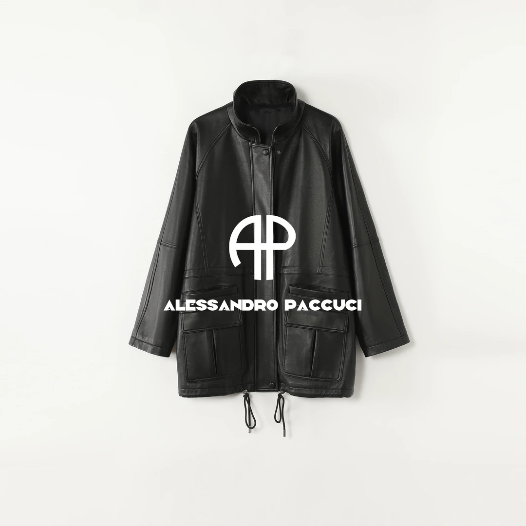 AP洛哥54082PY【黑标】新西兰进口羊皮立领插肩袖抽绳老钱宽松皮衣