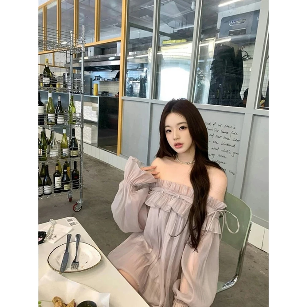 【烟雨雾紫】甜美温柔气质一字肩长袖连衣裙短裙