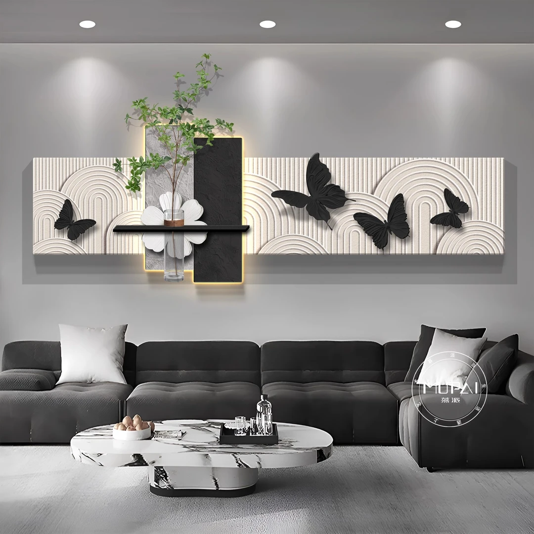 高级感水培绿植客厅装饰画蝴蝶立体沙发背景墙壁画