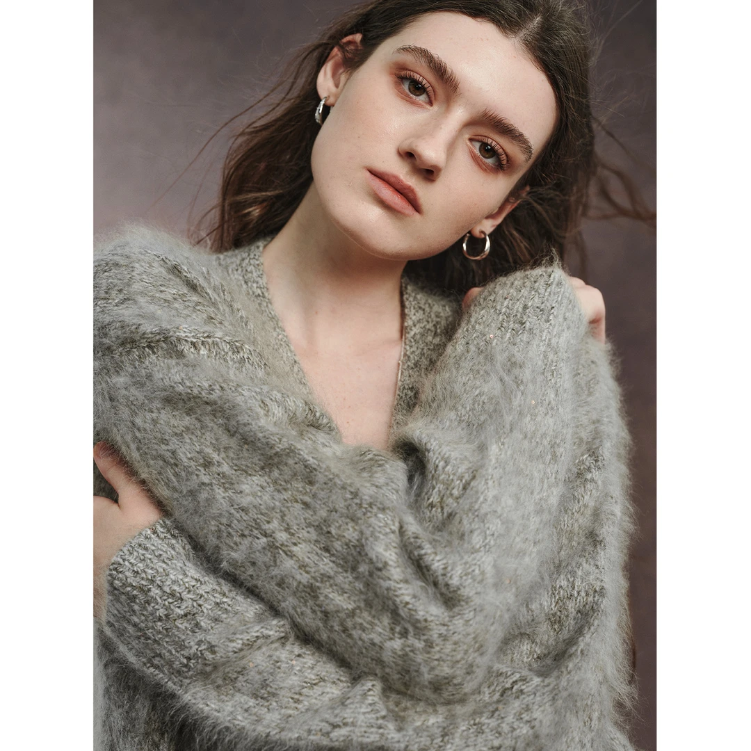 小岛微风“星空开衫”100%山羊绒重磅拉绒定纺针织开衫外套MYRP2073