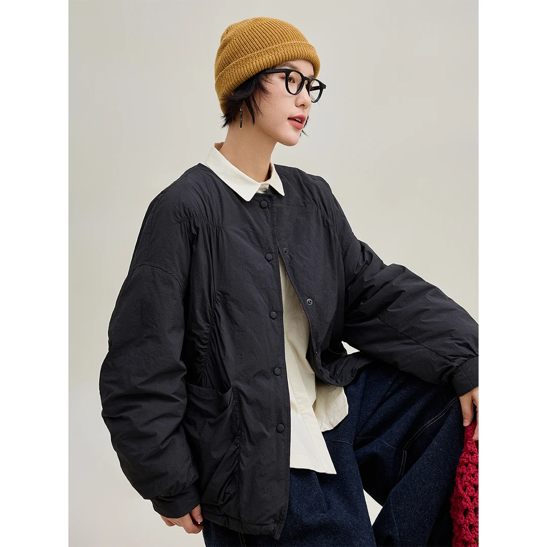 麻霖90白鹅绒云朵肤感抽皱松紧褶设计减龄风格款外套羽绒服