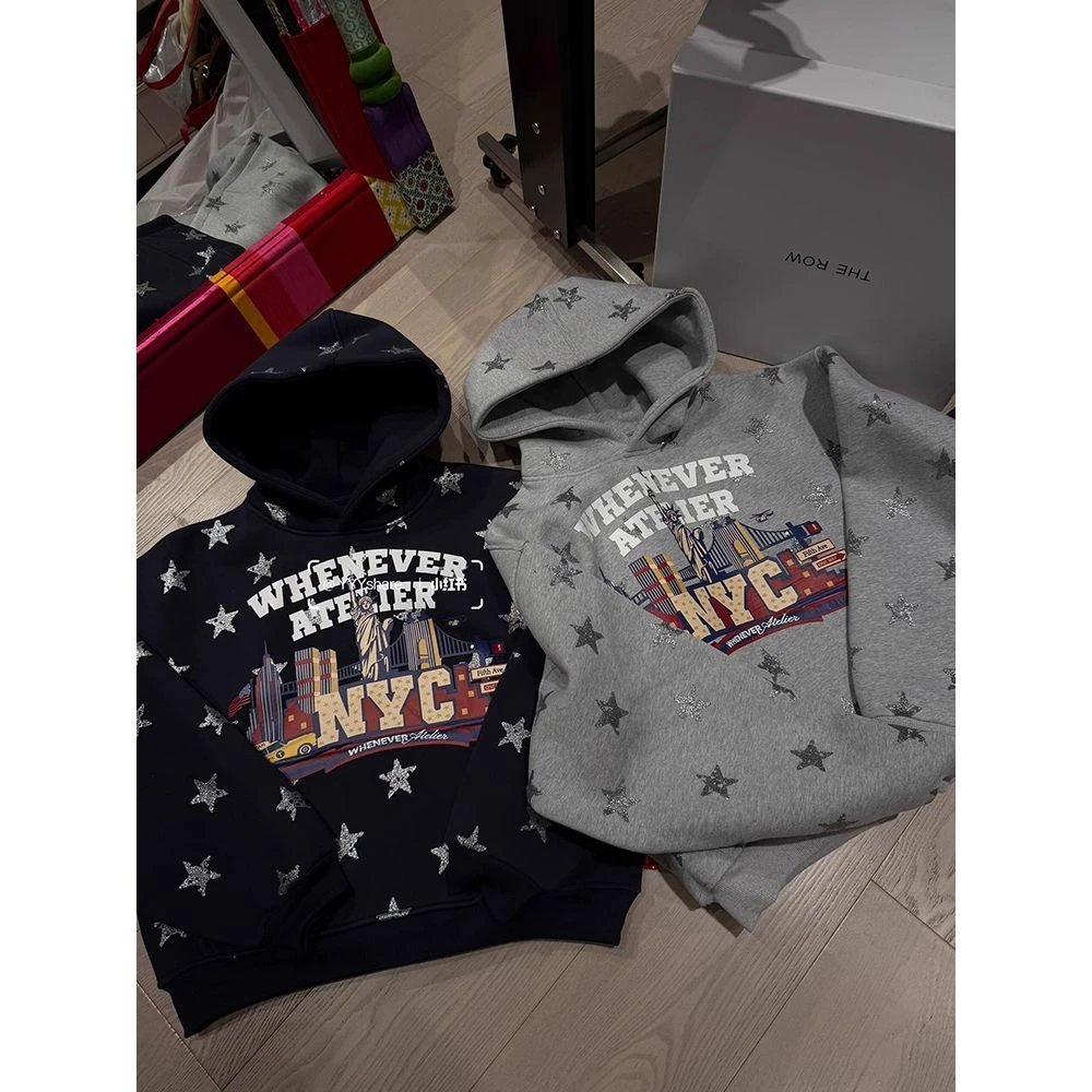 美式复古星星满印加绒加厚连帽卫衣女秋冬2025新款宽松慵懒风外套