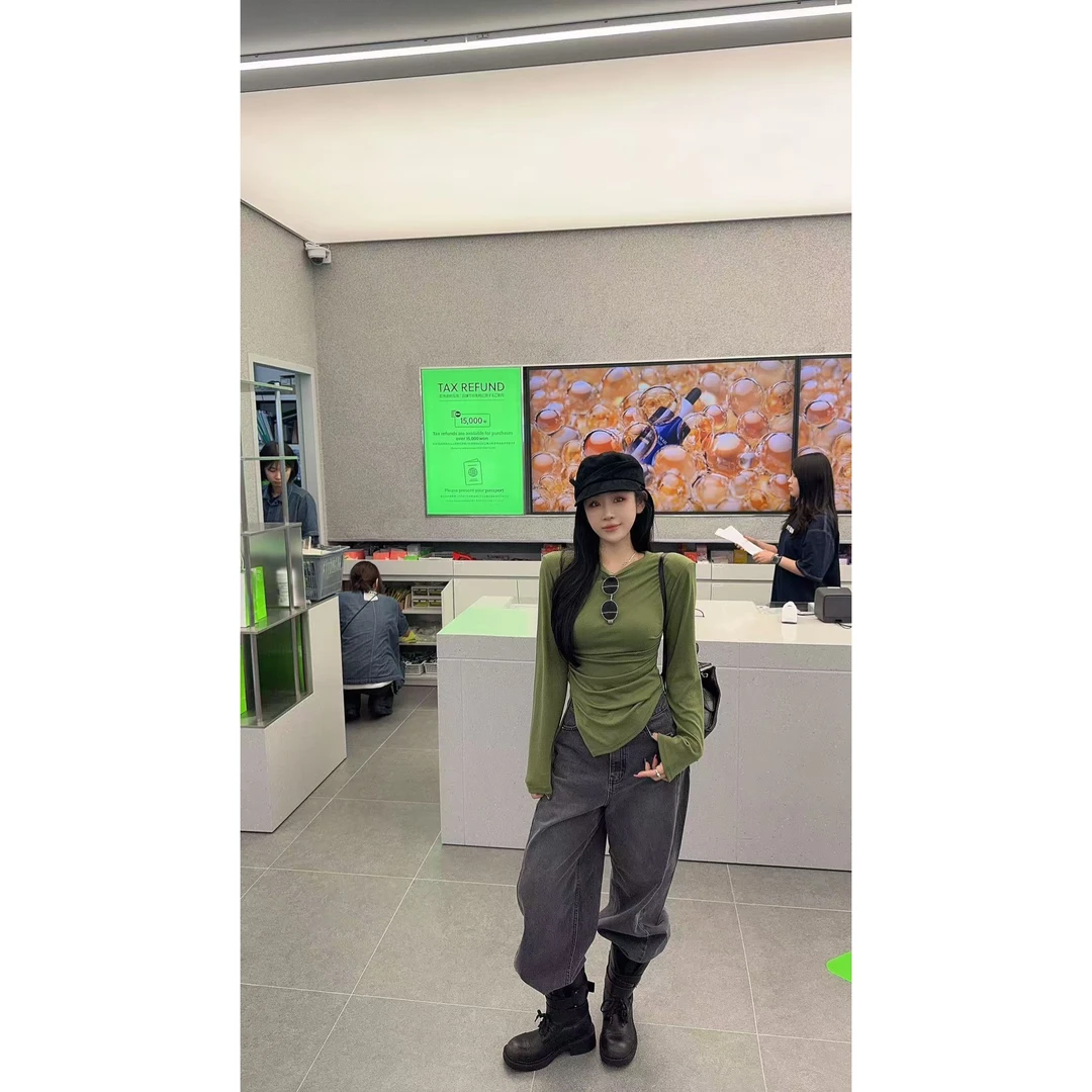 LIN-【橄榄物语】泡菜定制不规则褶皱设计绿T