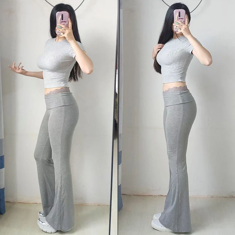 修身辣妹微喇叭裤女夏季薄2025新款翻腰显瘦小个子裸感云朵运动裤